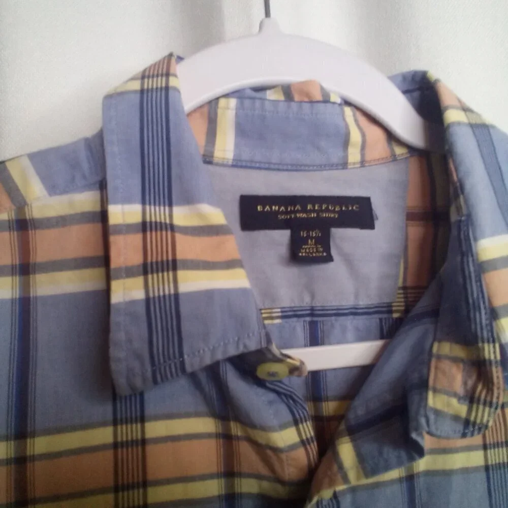 Banana Republic Shirt Men M 15 15 1/2 Button Up Long Sleeve Plaid Blue Orange